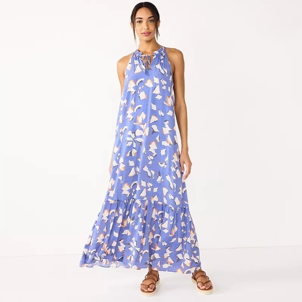 Nine West Blue and Peach Floral Halter Maxi Dress